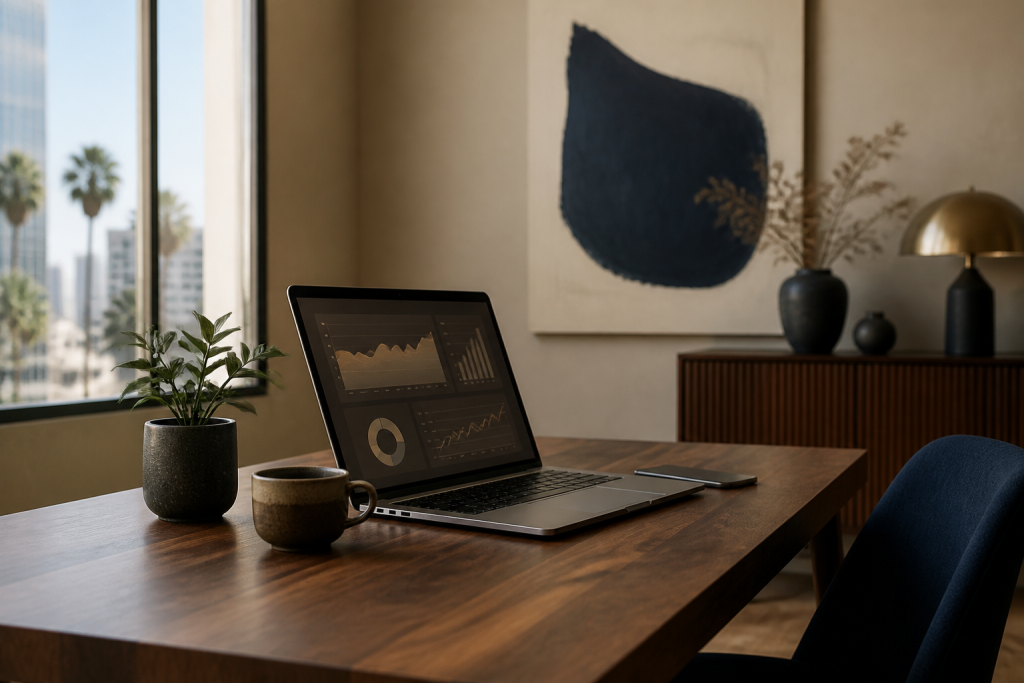 Modern Los Angeles small-business workspace with a laptop showing an AI analytics dashboard, palm trees visible through the window